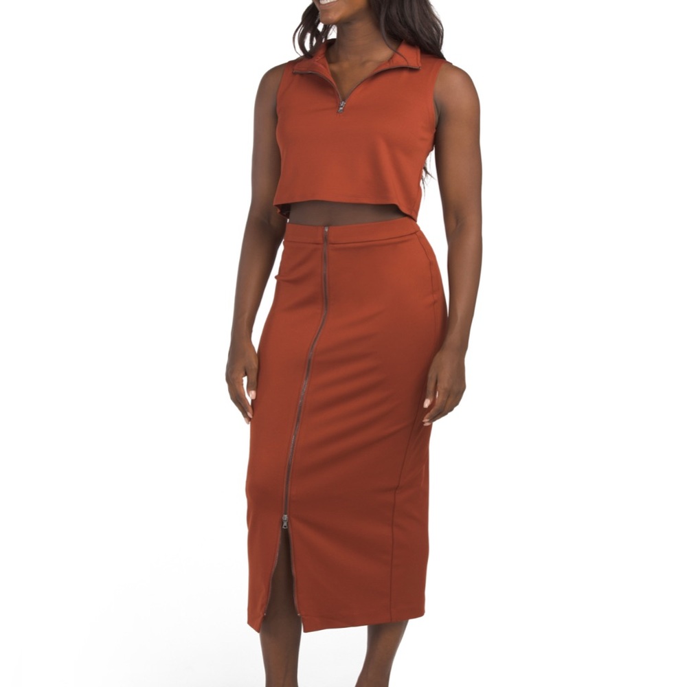 NWT Kenneth Cole Sleeveless Mock Neck Top and A-Line Front Zip Midi Skirt - Rust